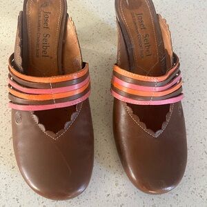 Josef Seibel Brown Leather Mules with Pink and Orange Straps